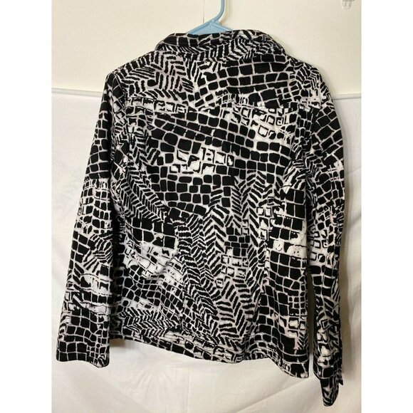 CHICOS SIZE 2 WOMENS BLAZER BUTTON UP CARDIGAN BLACK WHITE GREAT DESIGN XL * - Picture 2 of 2